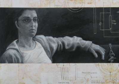 Acrylbild einer sitzenden Frau vor physikalischen Formeln